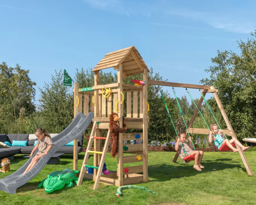 Jungle Gym Safari legetårn m/grå rutsjebane & gynger grå