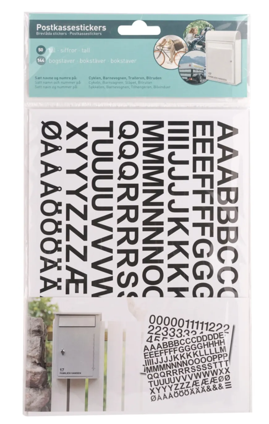 Postkassestickers med tal og bogstaver sort